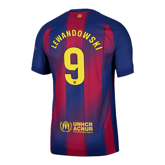 Camiseta de fútbol local auténtica del Barcelona Lewandowski #9 2025/26, roja y azul