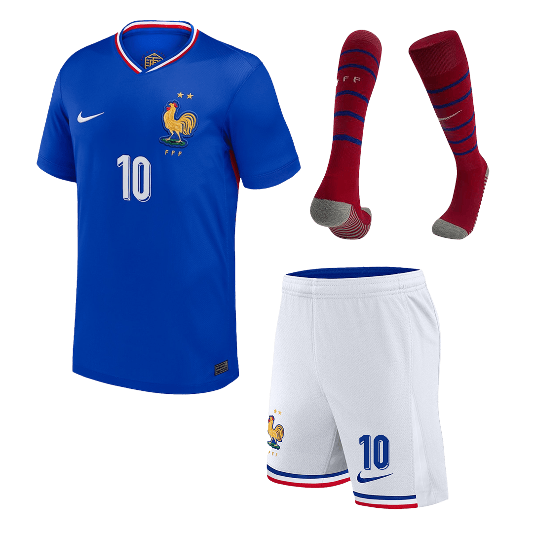Kit de fútbol local de Francia MBAPPÉ #10 para niño (Kit, pantalón corto y medias) para la Eurocopa 2024
