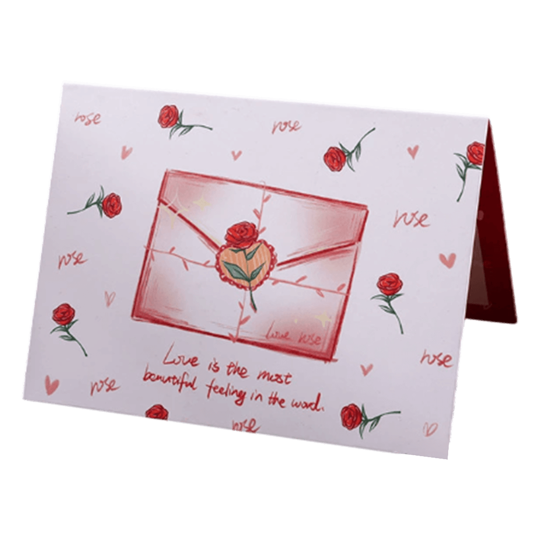 Tarjeta de San Valentín con sobre rosa personalizado en rojo