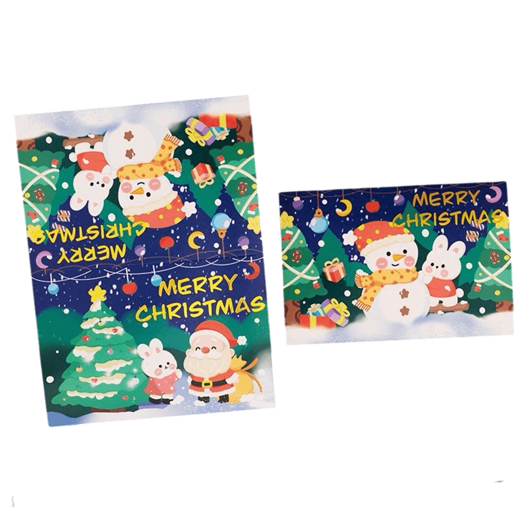 Tarjeta de Navidad personalizada: Muñeco de nieve y conejito. Mensaje personalizado.