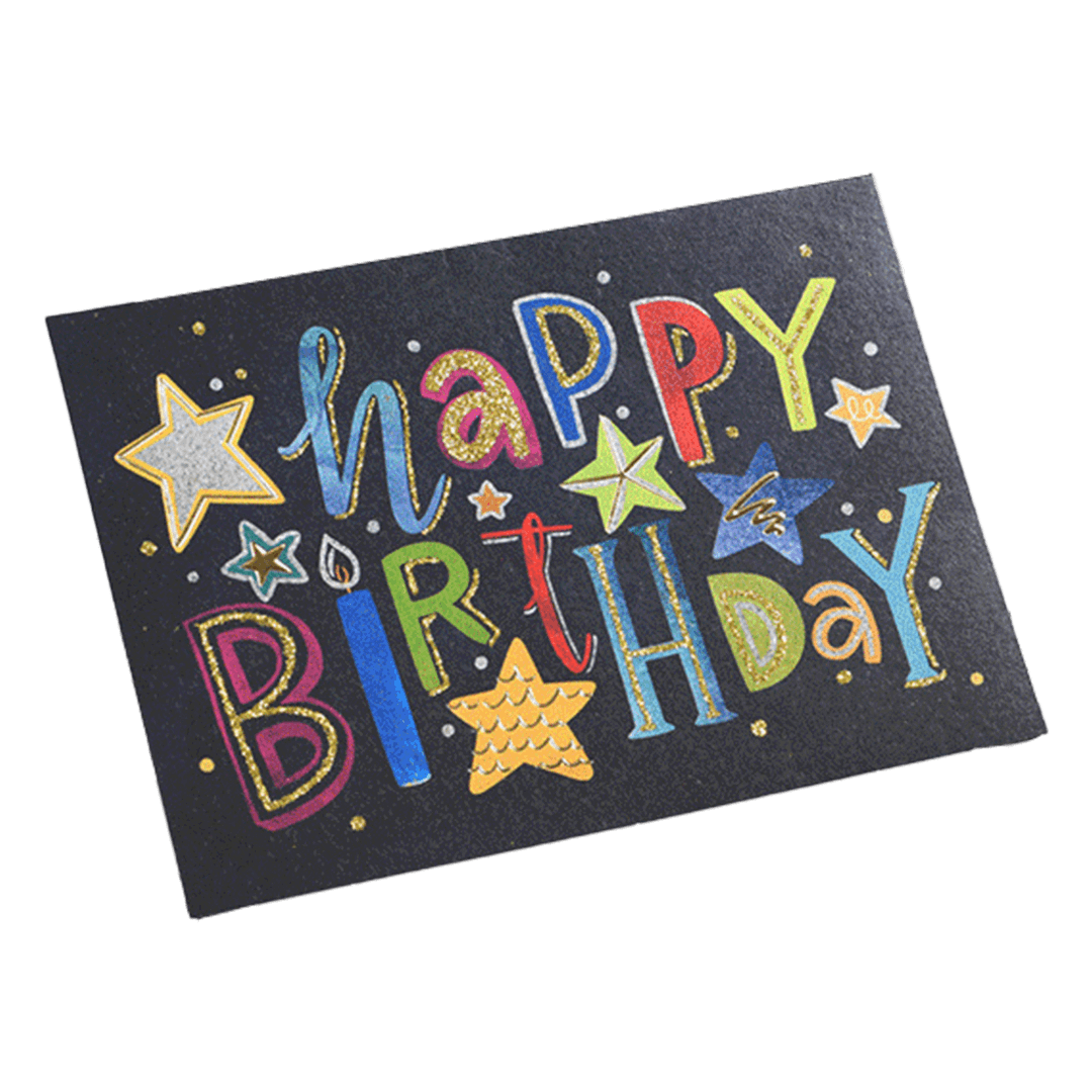 Tarjeta de cumpleaños personalizada con estrellas de colores en negro