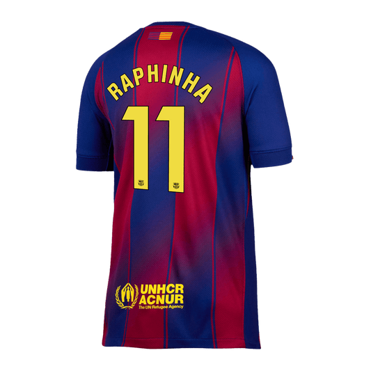 Camiseta de fútbol local del Barcelona RAPHINHA #11 2025/26, roja y azul