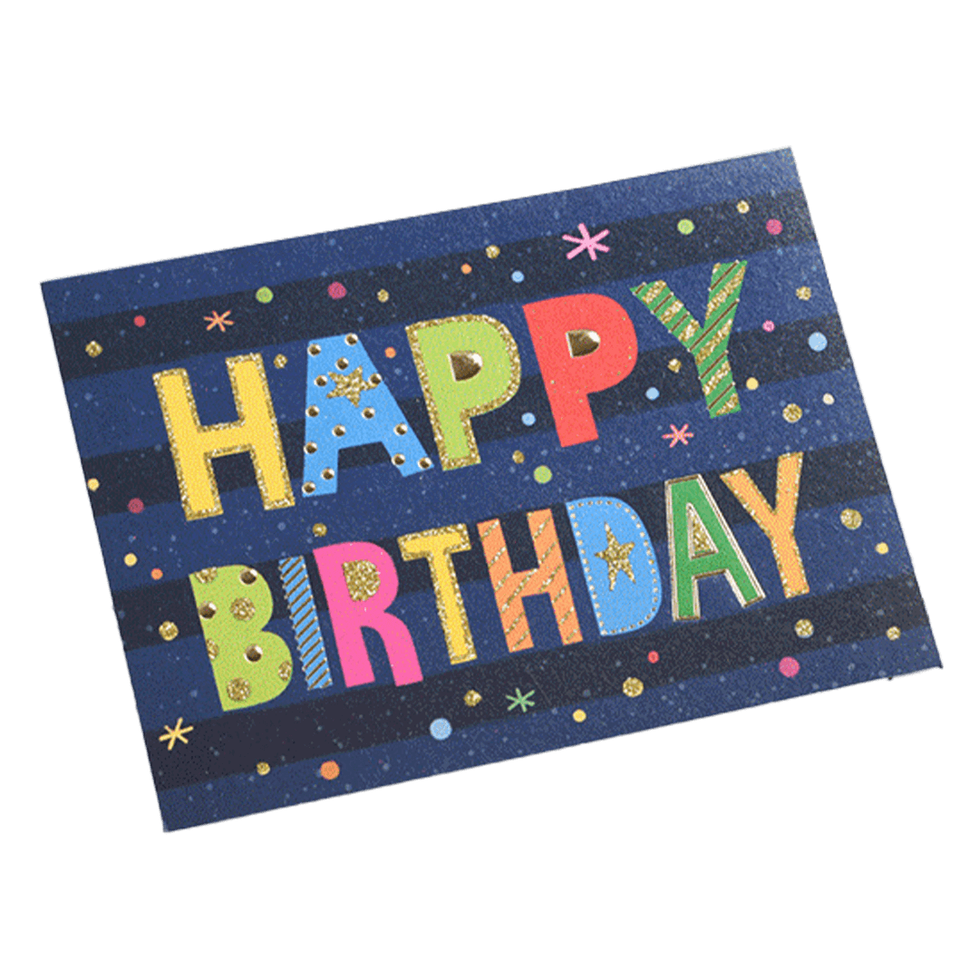 Tarjeta de cumpleaños con letras de colores personalizadas en azul marino
