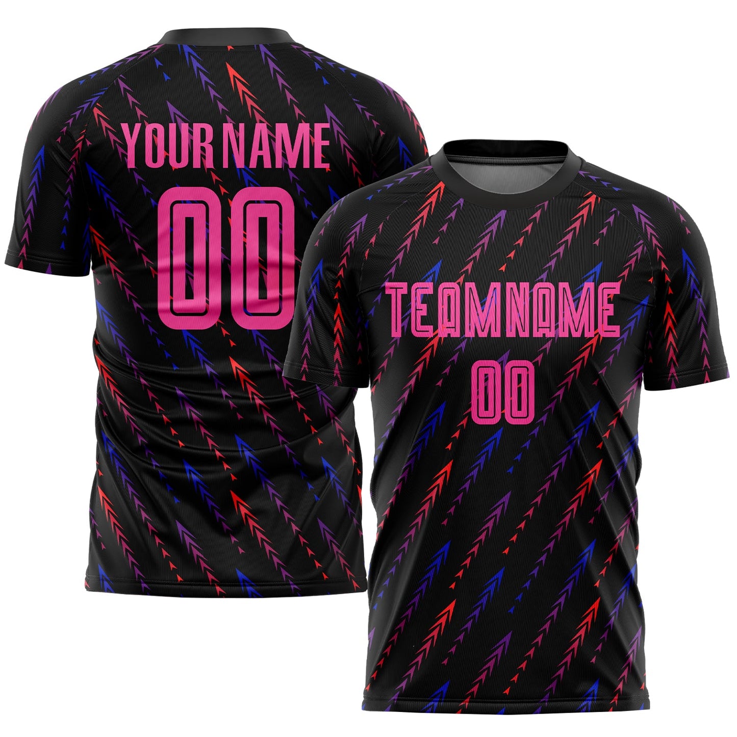 Camiseta de fútbol personalizada con sublimación en negro, rosa y naranja