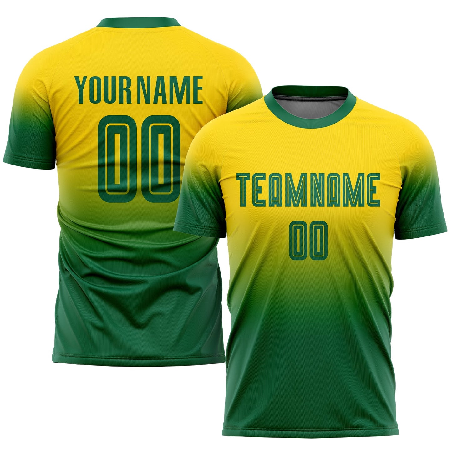 Camiseta de fútbol personalizada con sublimación en color verde Kelly dorado y degradado.