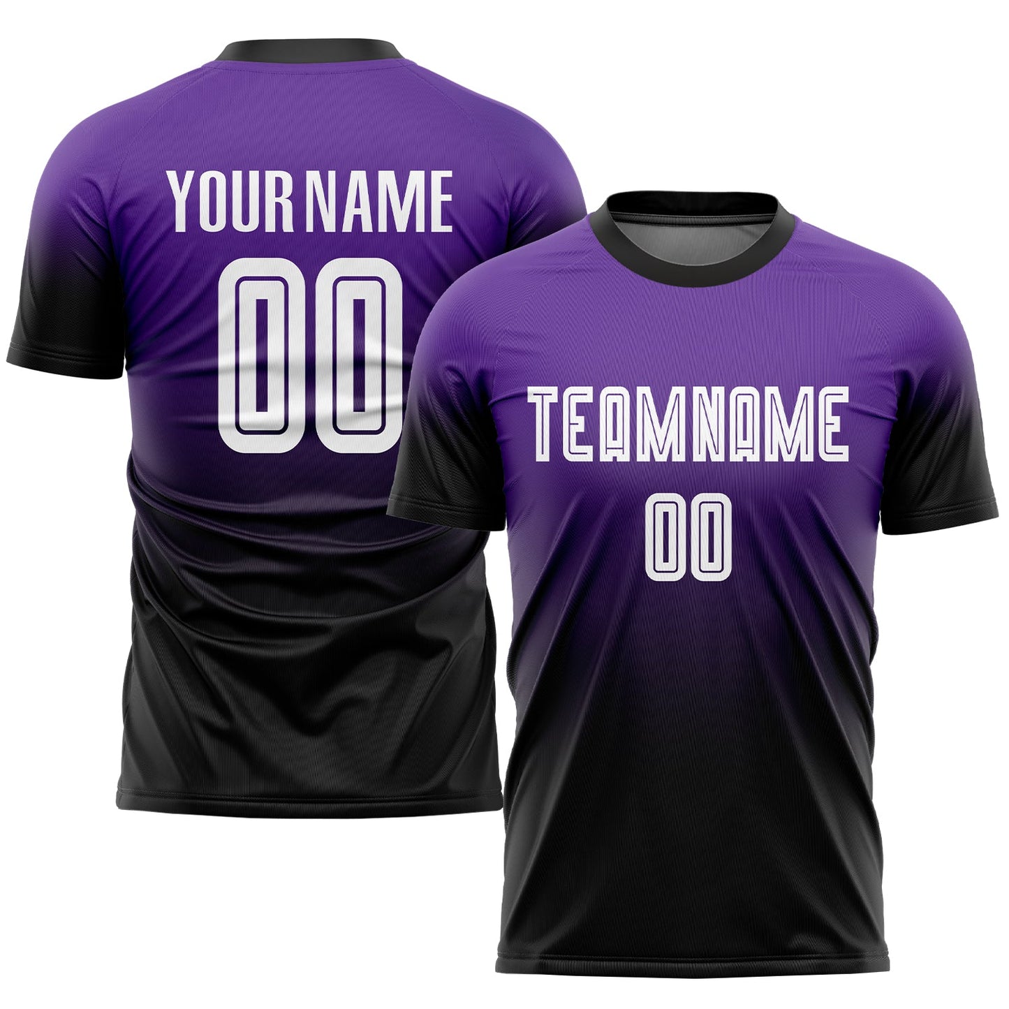 Camiseta de fútbol personalizada con sublimación en morado, blanco y negro.