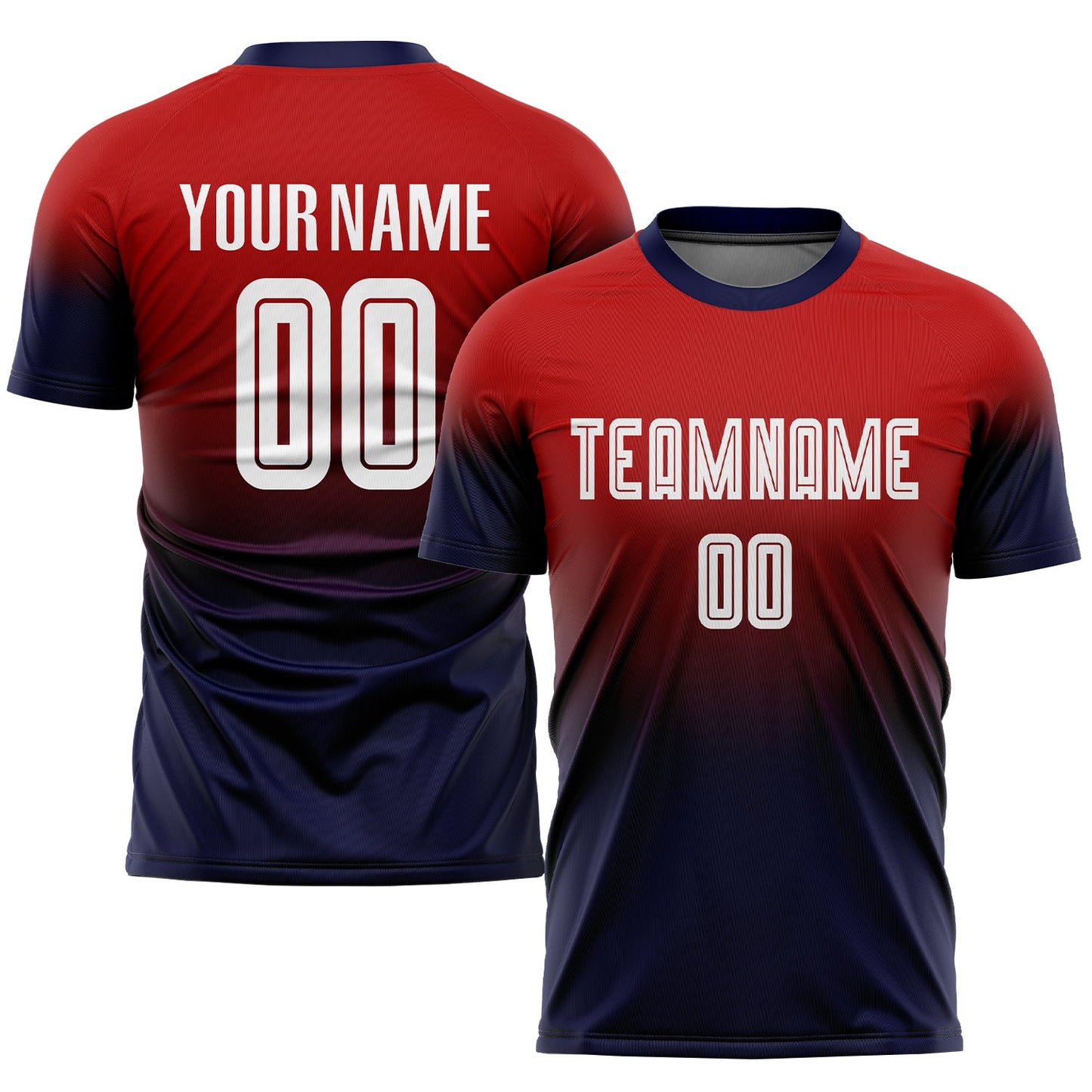 Camiseta de fútbol personalizada con sublimación en rojo, blanco y azul marino.