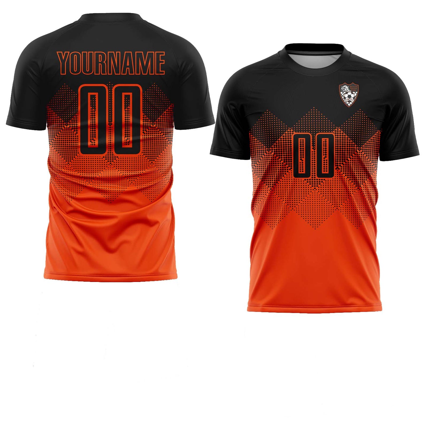 Camiseta personalizada del club de fútbol Spencer con degradado naranja y negro cuadrado por sublimación