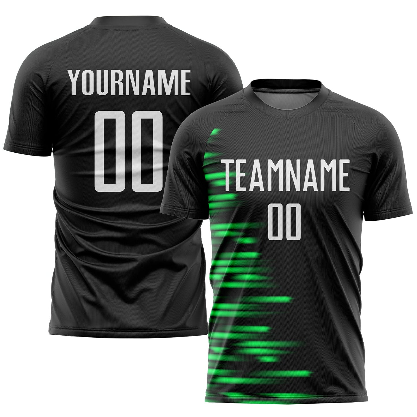 Camiseta de fútbol personalizada con sublimación en negro, blanco y verde Kelly