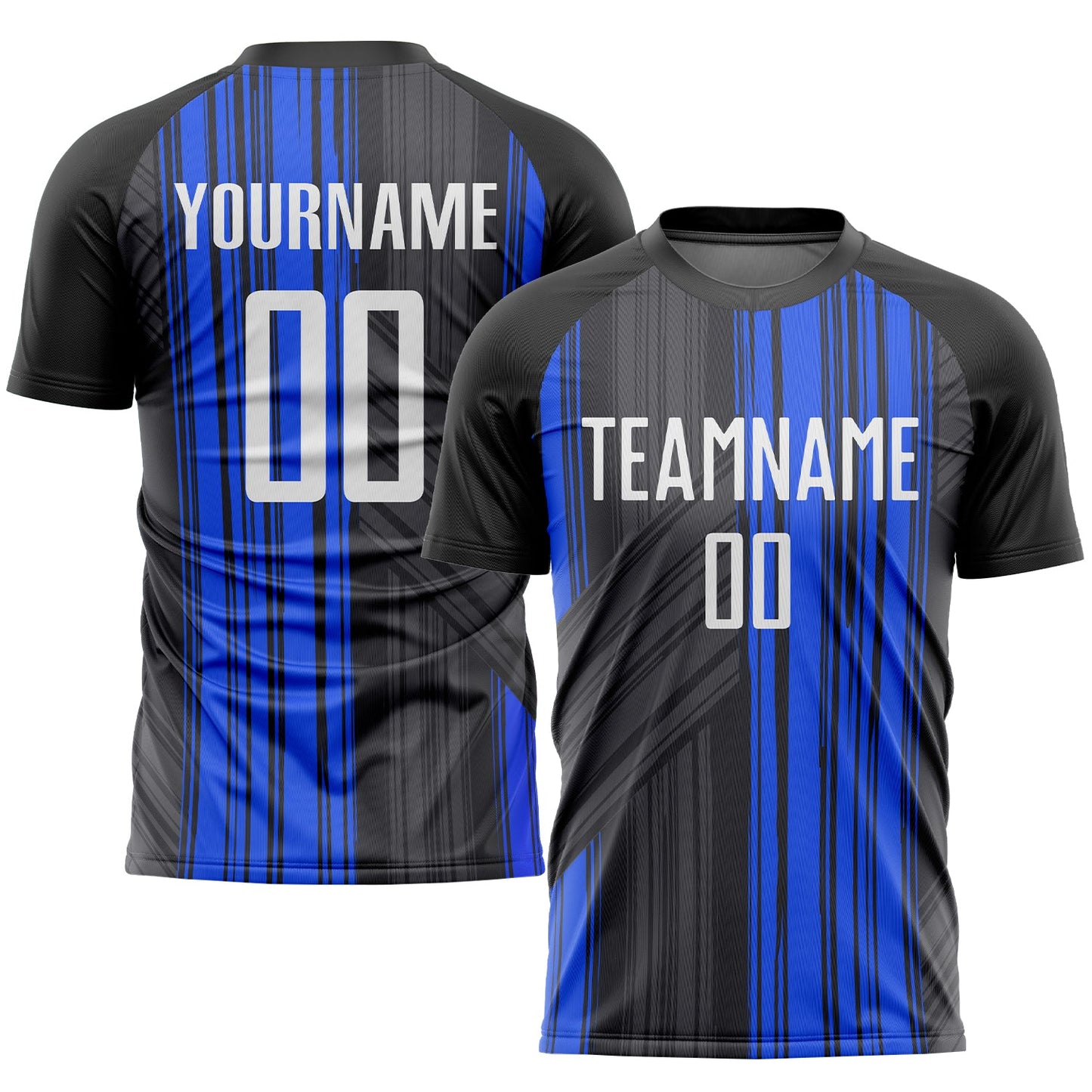 Camiseta de fútbol personalizada con sublimación en negro, blanco y azul marino
