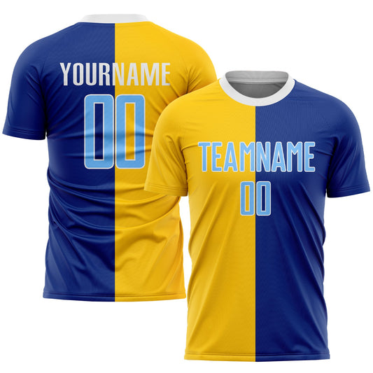 Camiseta de fútbol personalizada con sublimación azul rey y dorado, de moda dividida