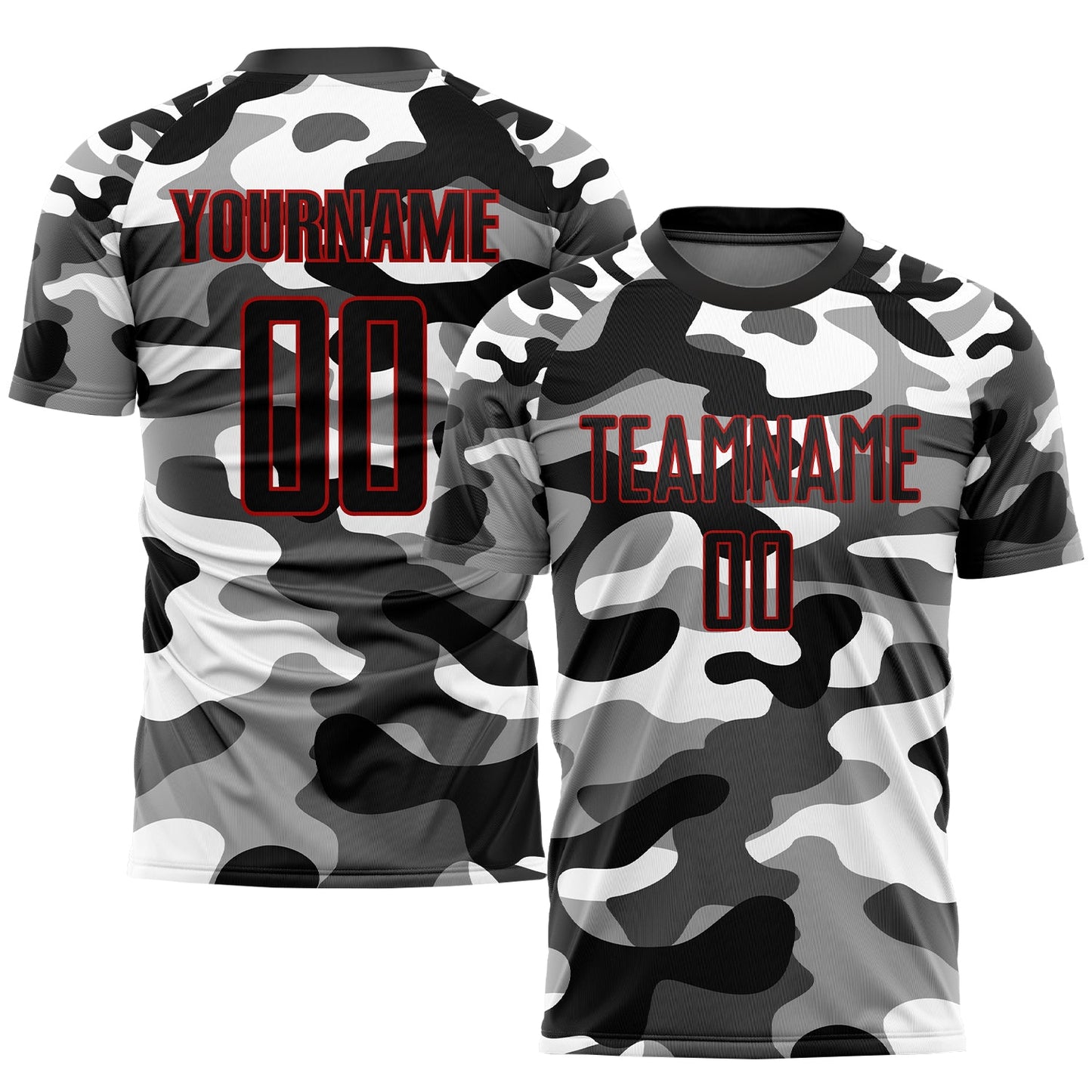 Camiseta de fútbol personalizada de camuflaje negro y rojo con sublimación "Salute to Service"