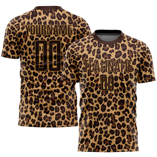 Camiseta de fútbol personalizada con estampado de leopardo, color marrón y dorado viejo, sublimada.