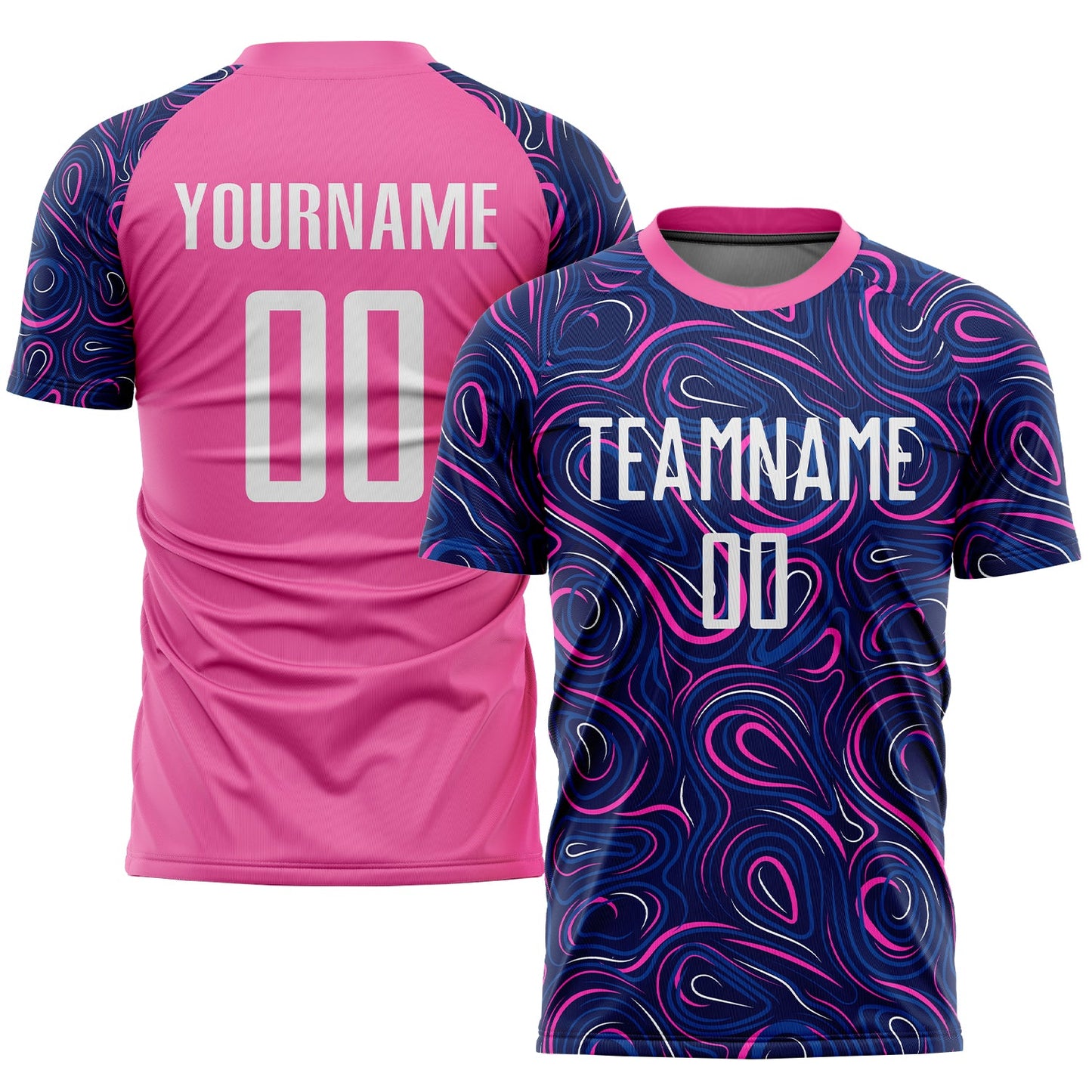 Camiseta de fútbol personalizada con sublimación en blanco y rosa azul marino