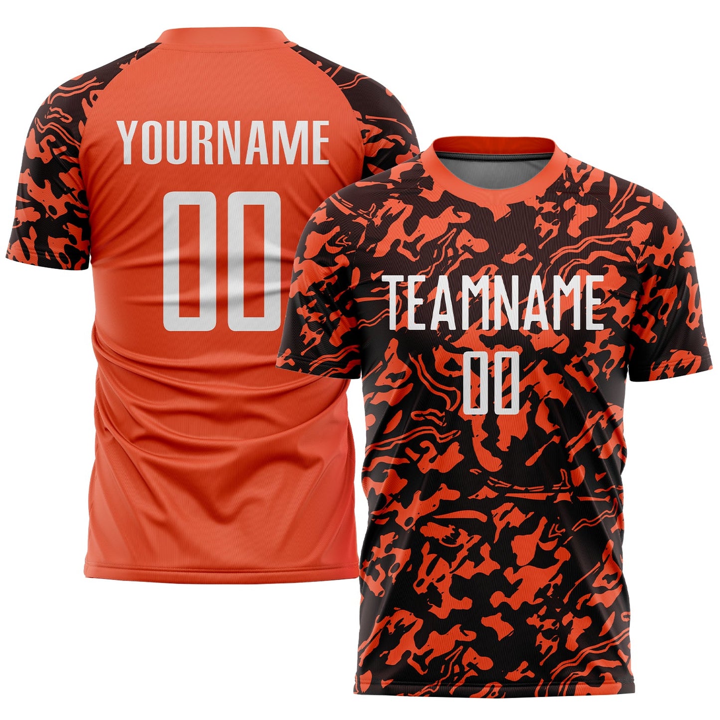 Camiseta de fútbol personalizada con sublimación en naranja, blanco y negro