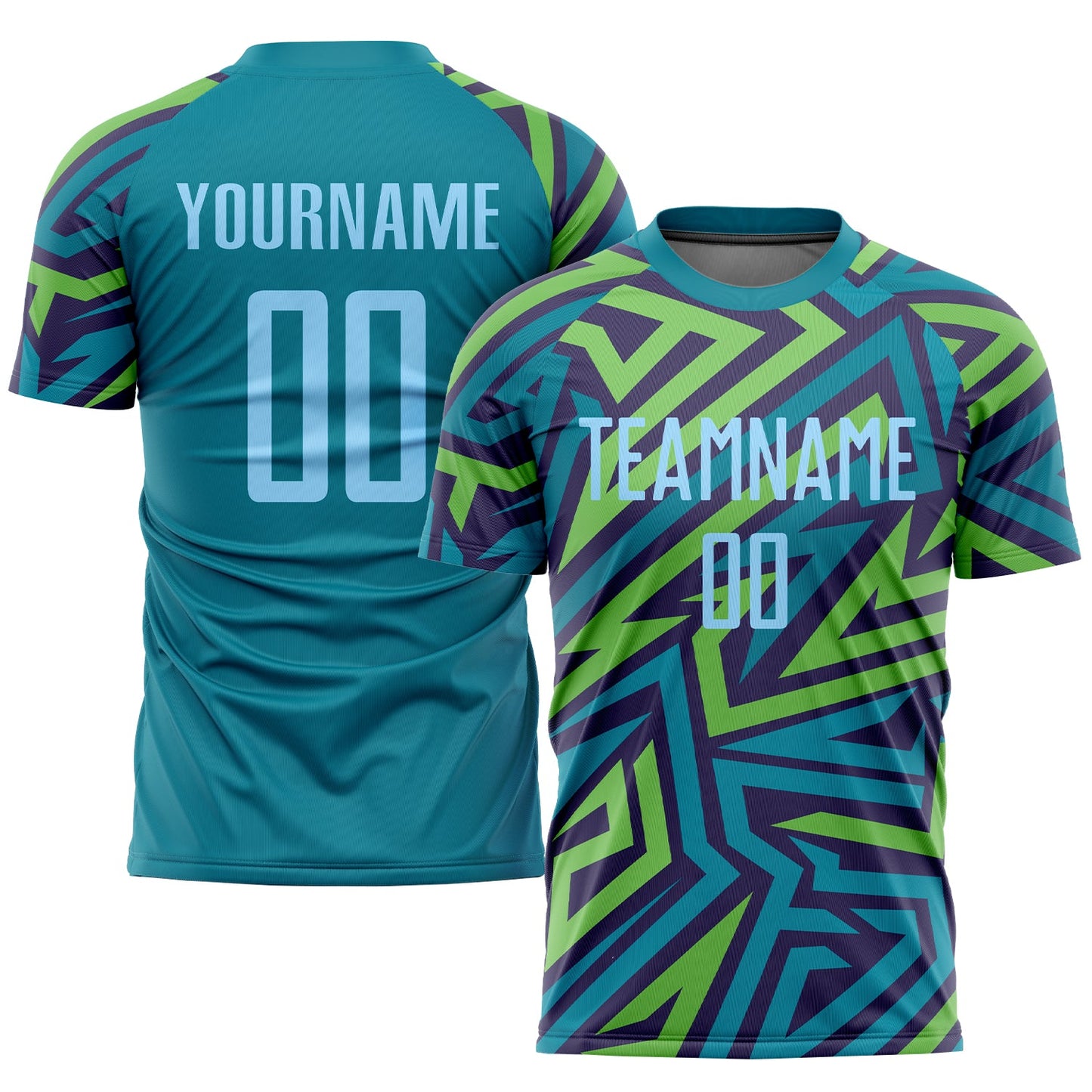 Camiseta de fútbol personalizada con sublimación en azul claro y verde Kelly