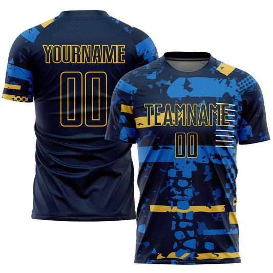 Camiseta de fútbol personalizada con sublimación azul marino y dorado