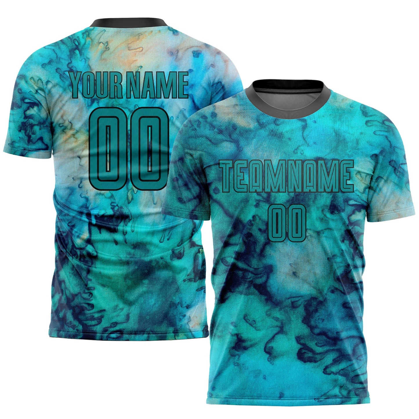 Camiseta de fútbol personalizada con sublimación tie-dye en verde azulado y negro