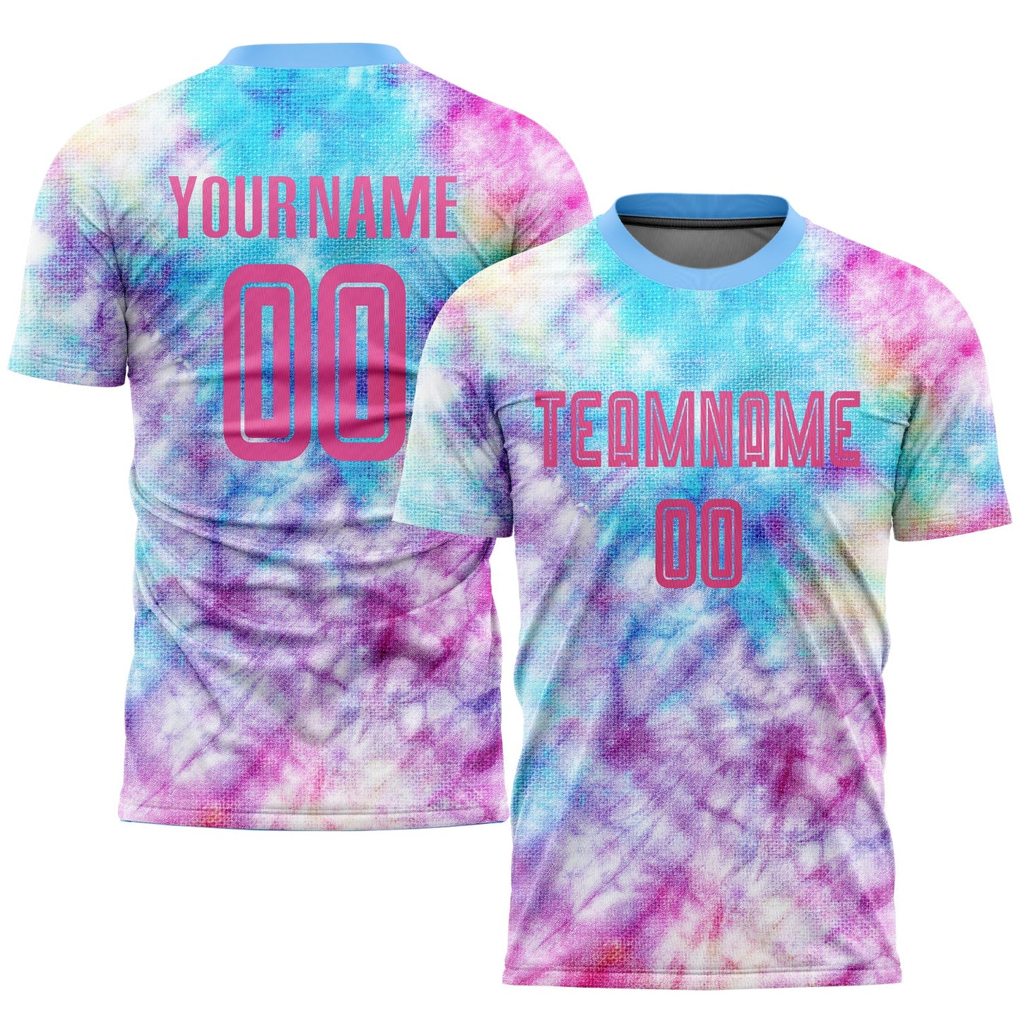 Camiseta de fútbol personalizada con sublimación tie-dye rosa-azul claro