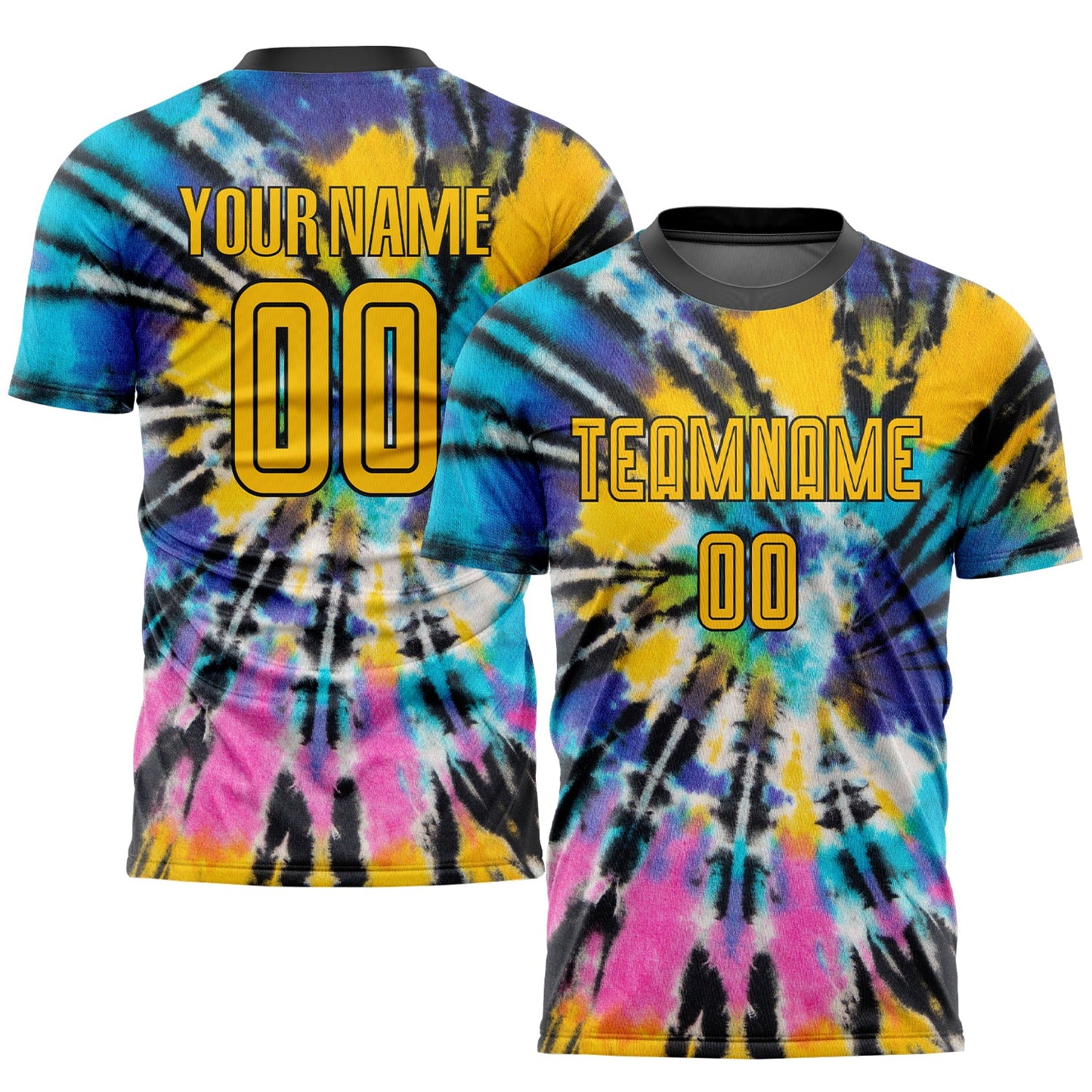 Camiseta de fútbol personalizada con sublimación en dorado y negro con efecto tie-dye