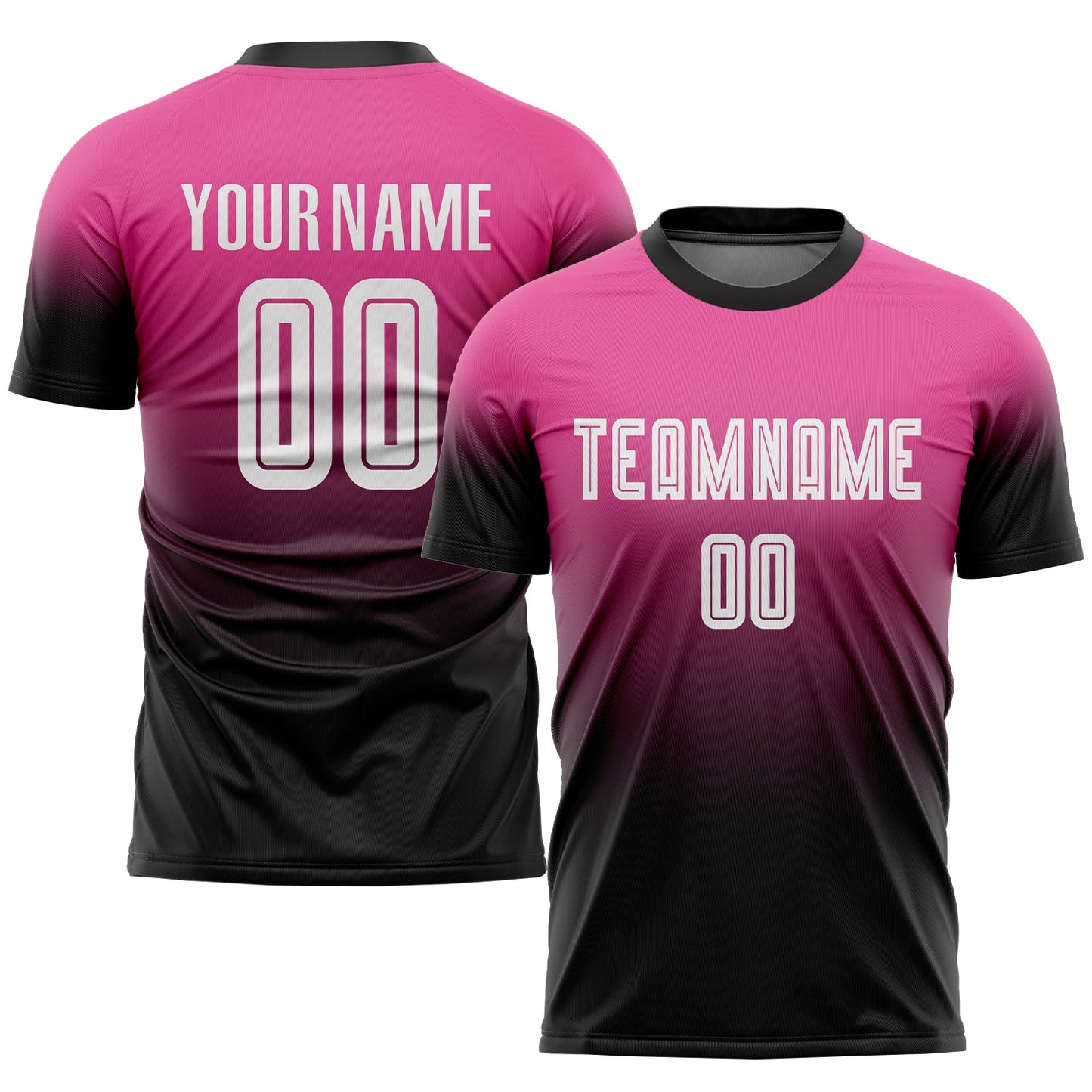 Camiseta de fútbol personalizada con sublimación en rosa, blanco y negro.
