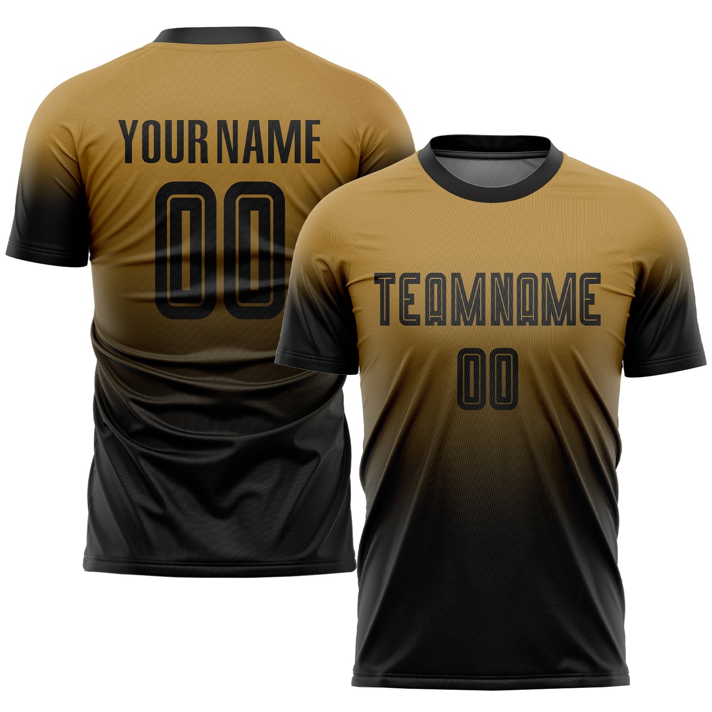 Camiseta de fútbol personalizada con sublimación en dorado antiguo y negro.