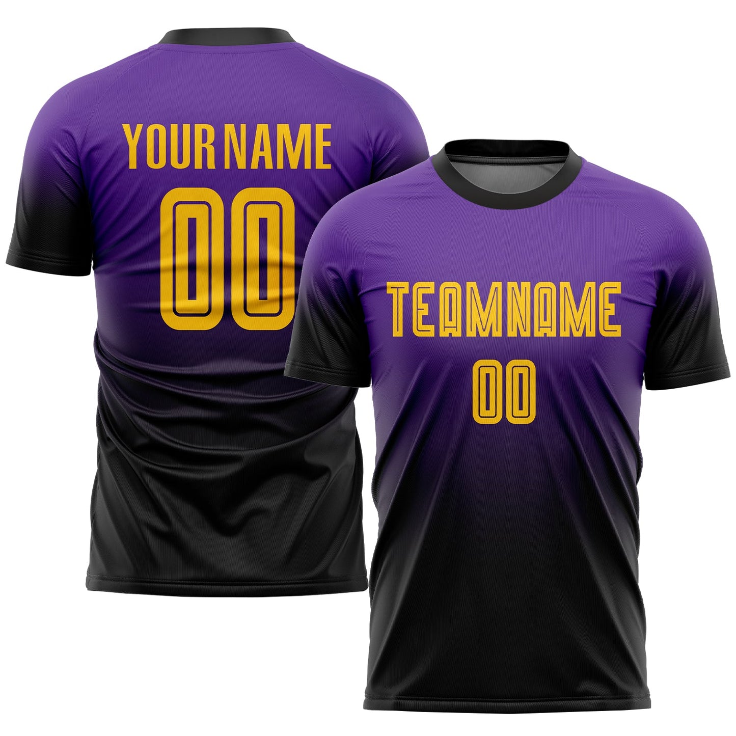 Camiseta de fútbol personalizada con sublimación en morado, dorado y negro.