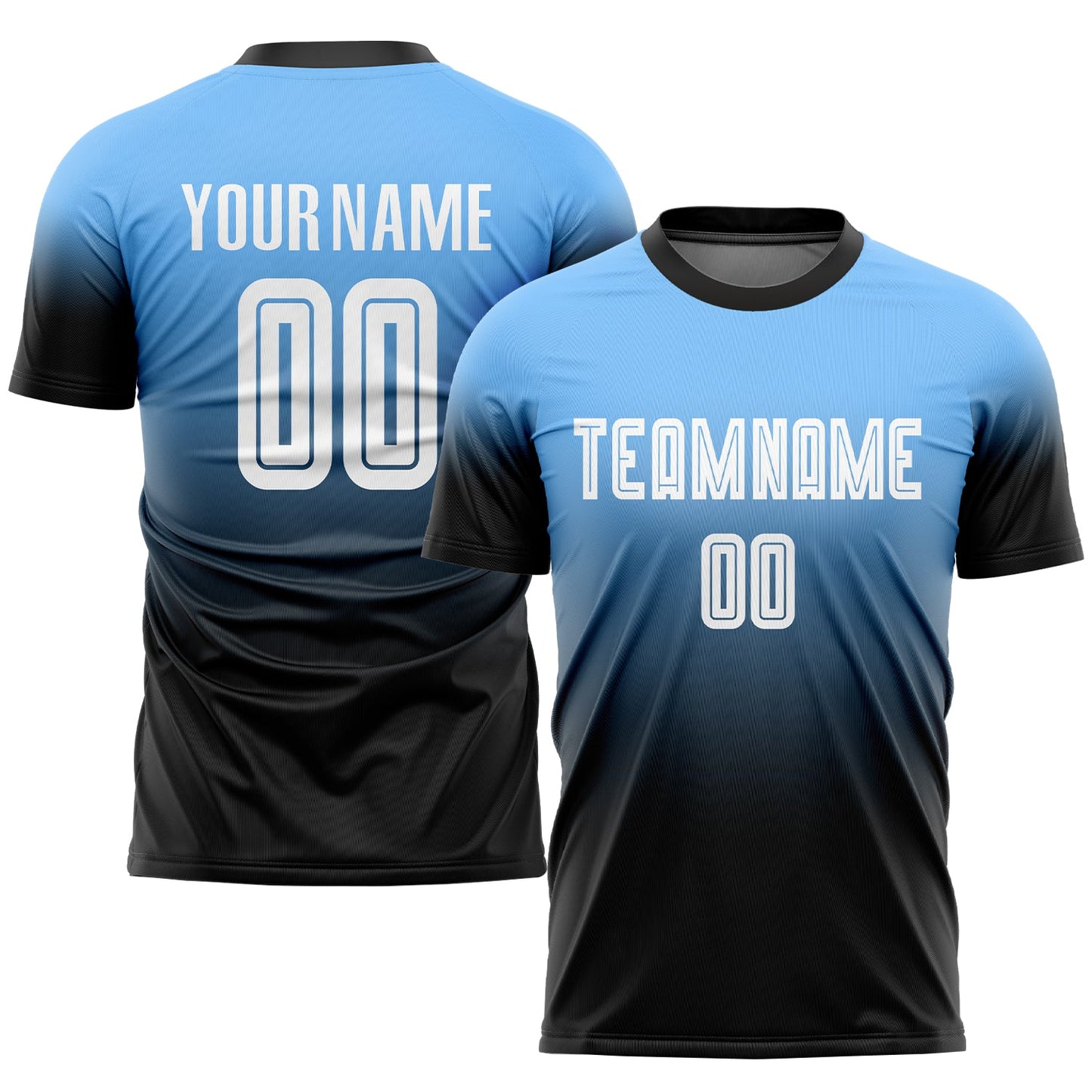Camiseta de fútbol personalizada de moda con degradado por sublimación en azul claro, blanco y negro