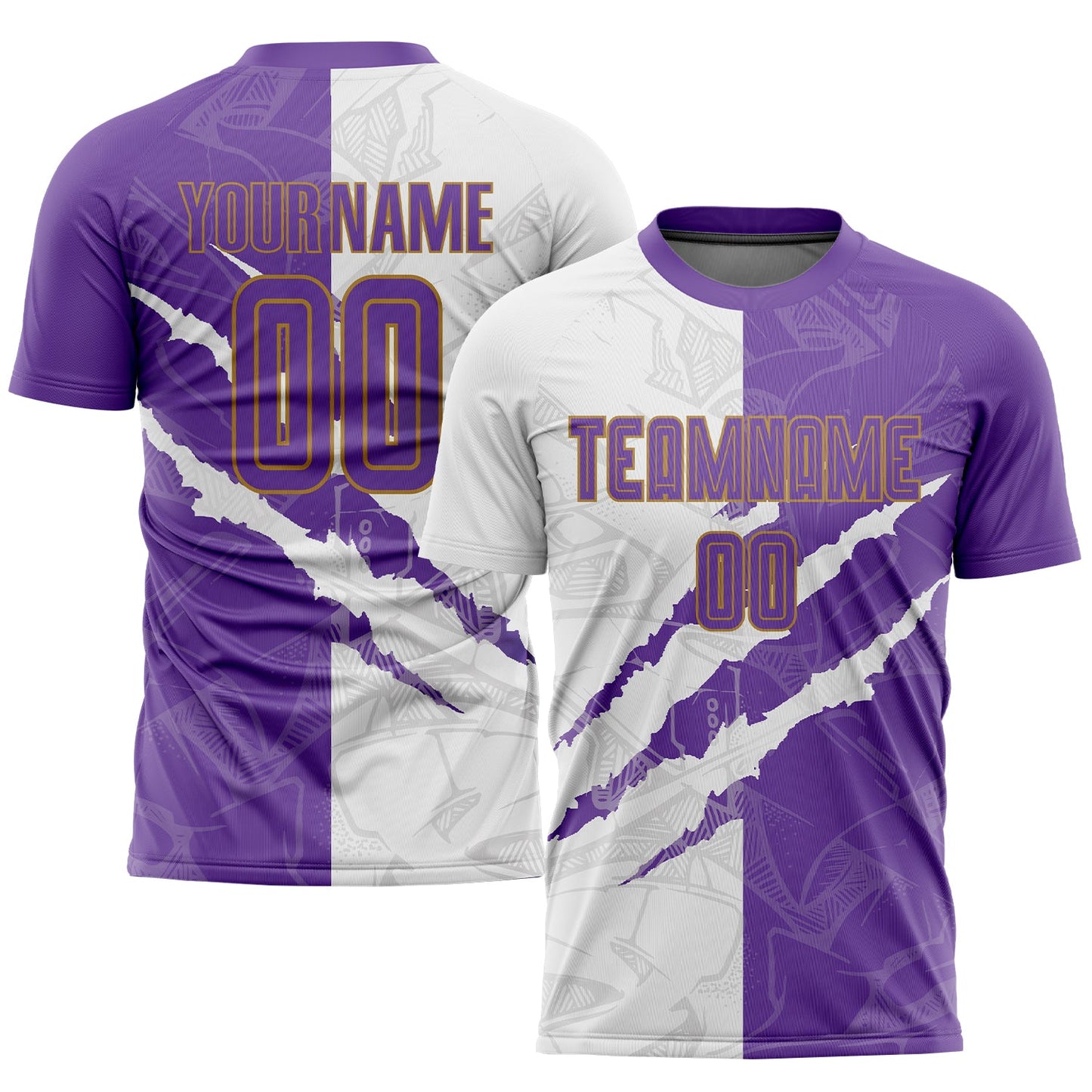 Camiseta de fútbol personalizada con estampado de grafiti, color morado, blanco y dorado viejo, para sublimación y rayado