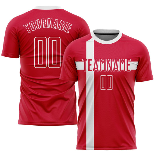 Camiseta de fútbol personalizada con sublimación de la bandera danesa en rojo, rojo y blanco