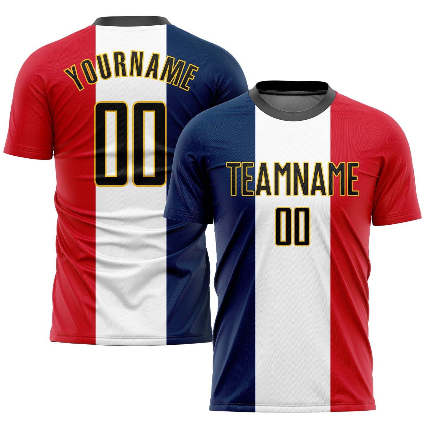 Camiseta de fútbol personalizada con sublimación de la bandera francesa, azul marino, negro, blanco, rojo y dorado