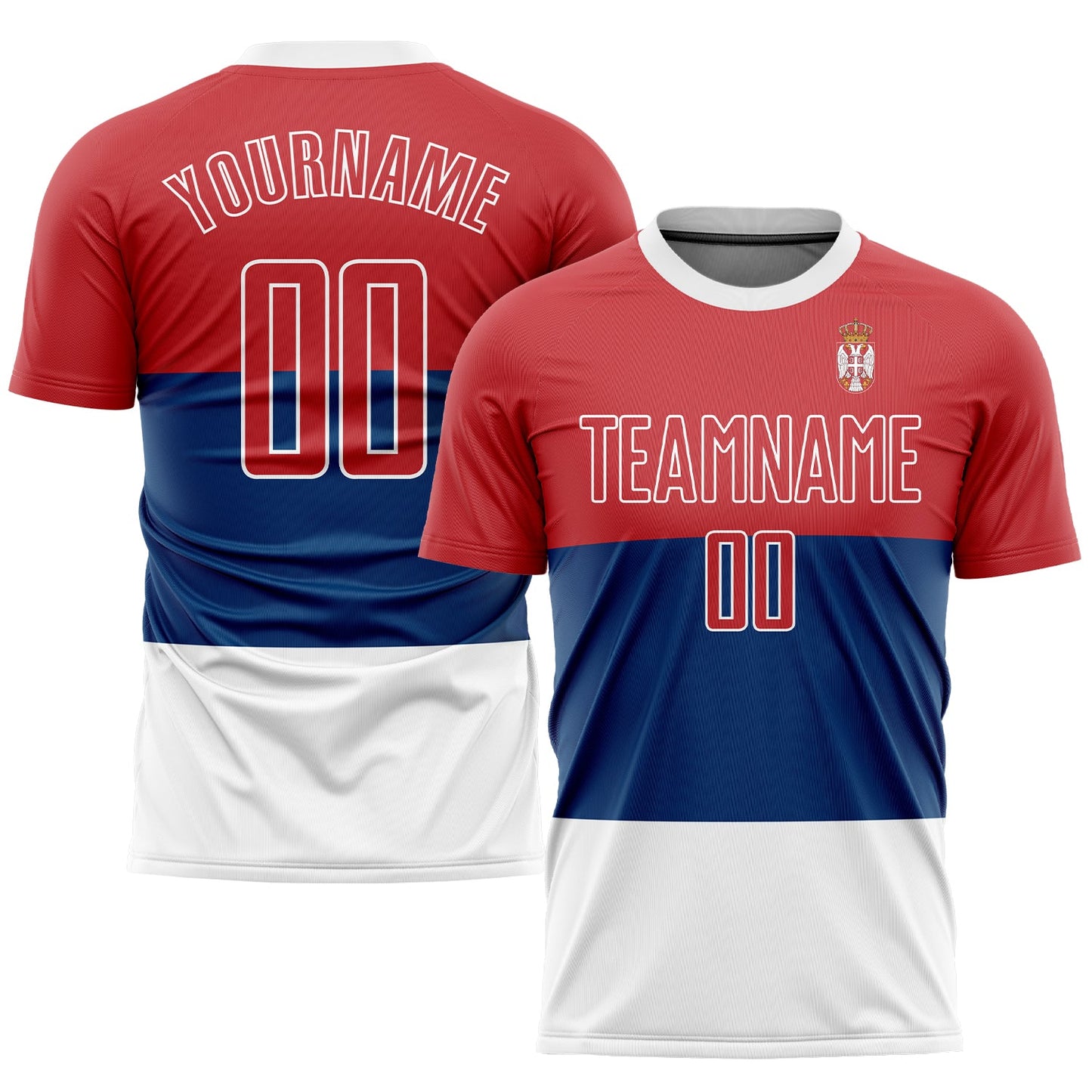 Camiseta de fútbol personalizada con la bandera serbia, sublimada en rojo y blanco.