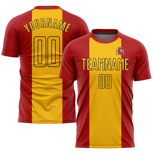 Camiseta de fútbol personalizada con sublimación de la bandera española en rojo, dorado y negro