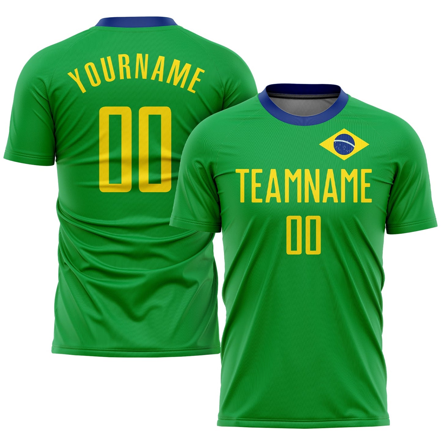 Camiseta de fútbol personalizada con sublimación de la bandera brasileña en verde neón, dorado y azul.