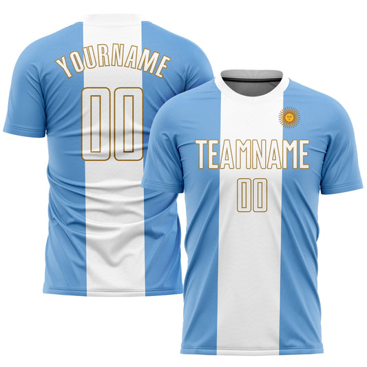 Camiseta de fútbol personalizada con sublimación de la bandera argentina en azul claro, blanco y oro viejo