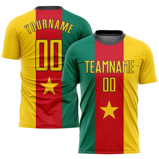 Camiseta de fútbol personalizada con sublimación de la bandera de Camerún, verde, dorado, rojo y negro.