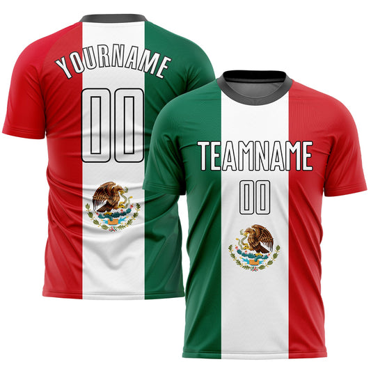 Camiseta de fútbol personalizada con sublimación de la bandera mexicana, color verde Kelly, blanco, rojo y negro
