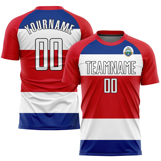 Camiseta de fútbol personalizada con sublimación de la bandera de Costa Rica en rojo, blanco y negro.