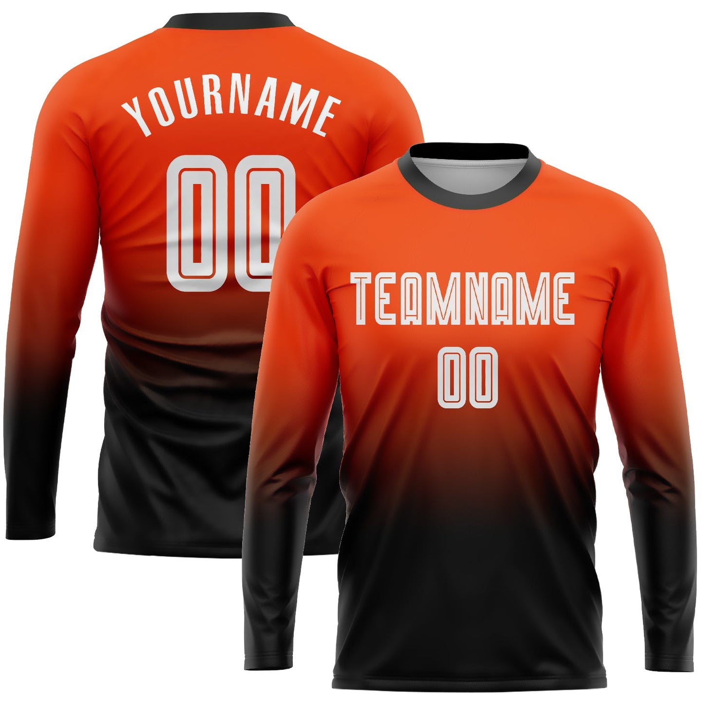 Camiseta de fútbol personalizada de manga larga con degradado, color naranja, blanco y negro, sublimada