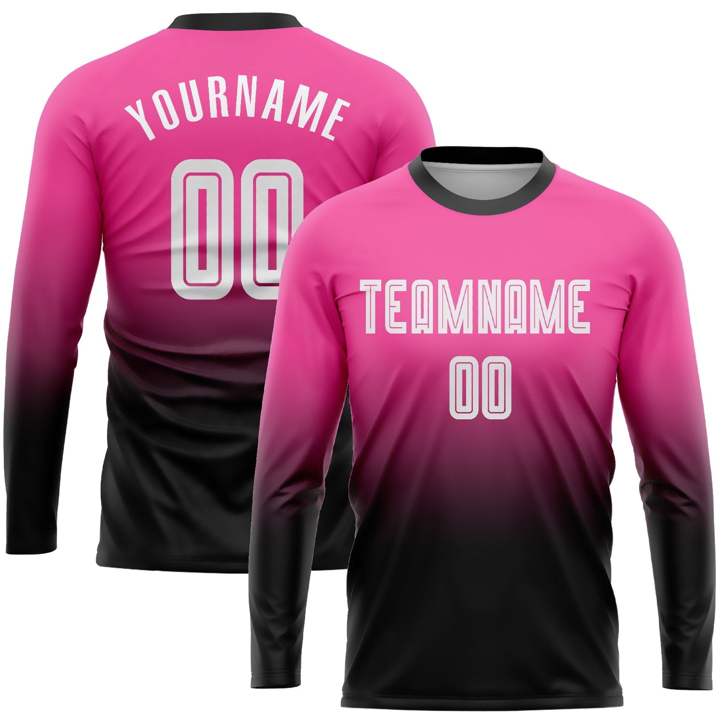 Camiseta de fútbol personalizada de manga larga con degradado, sublimación en rosa, blanco y negro