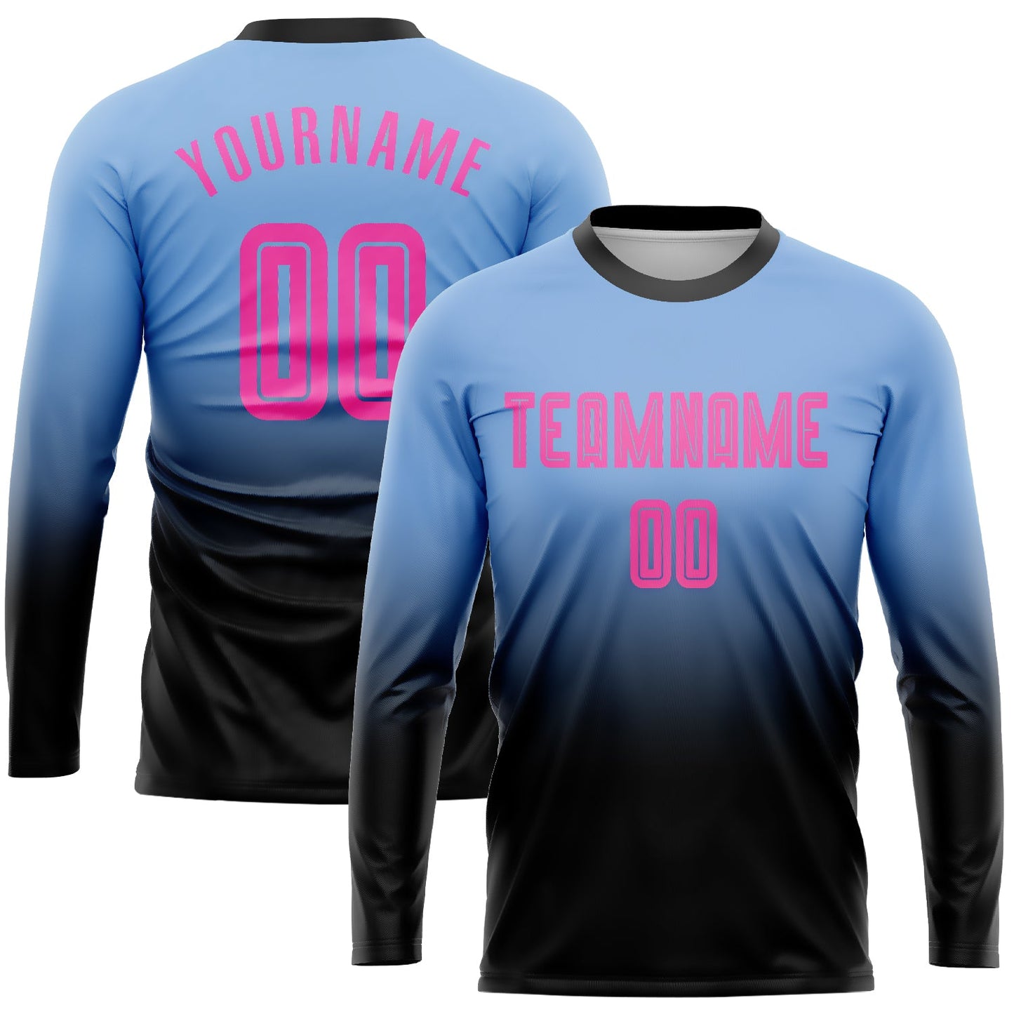 Camiseta de fútbol personalizada de manga larga con degradado, sublimación en azul claro, rosa y negro