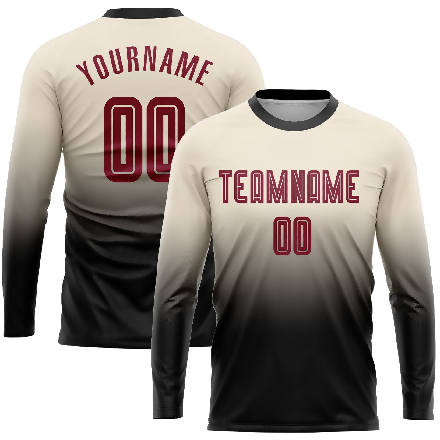 Camiseta de fútbol personalizada de manga larga con degradado, color crema carmesí y negro, sublimación