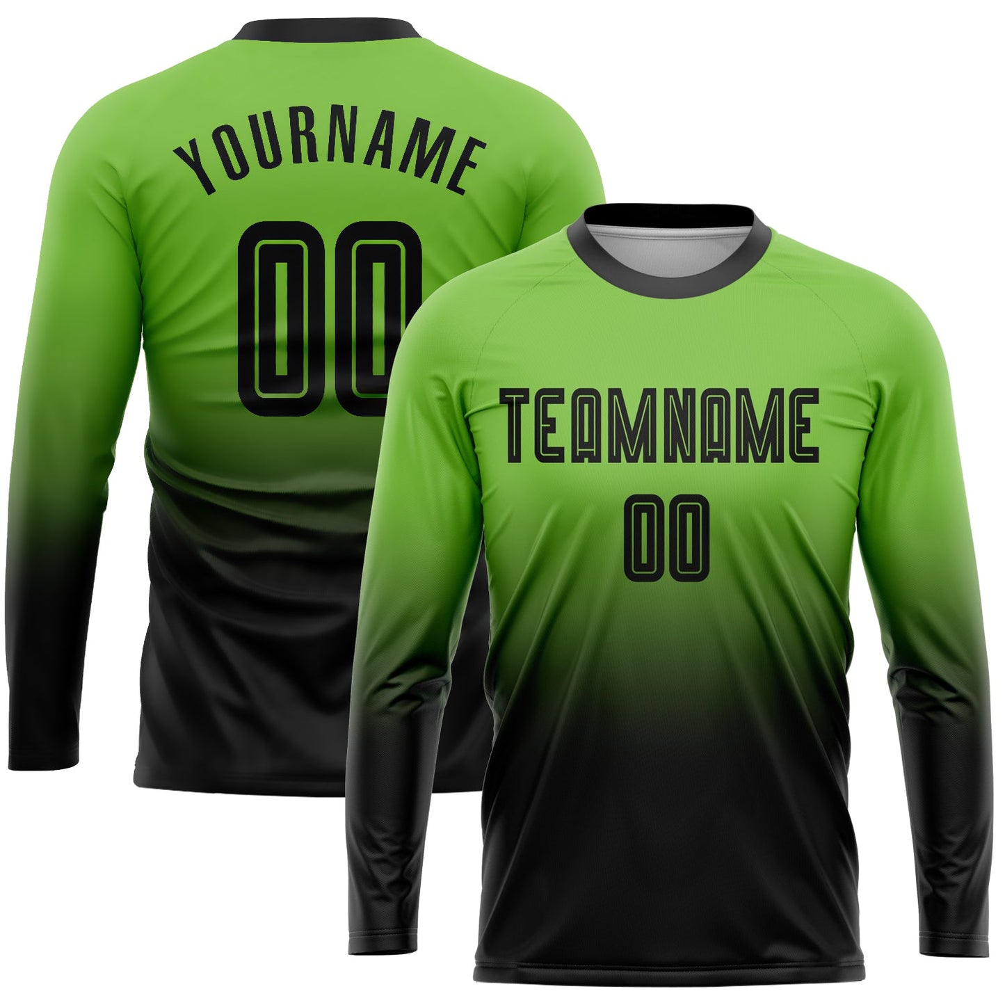 Camiseta de fútbol personalizada de manga larga con degradado, color verde neón y negro, sublimada