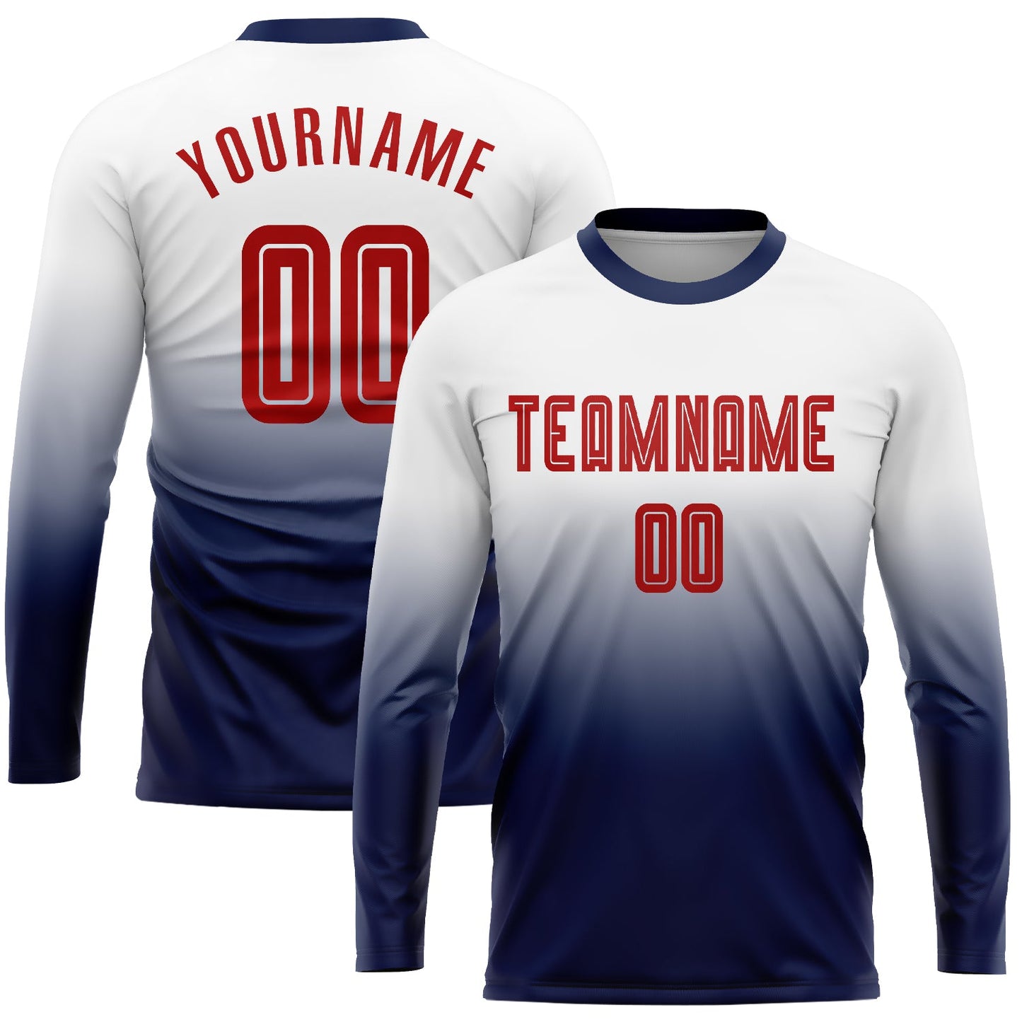 Camiseta de fútbol personalizada de manga larga con degradado, sublimación en blanco, rojo y azul marino