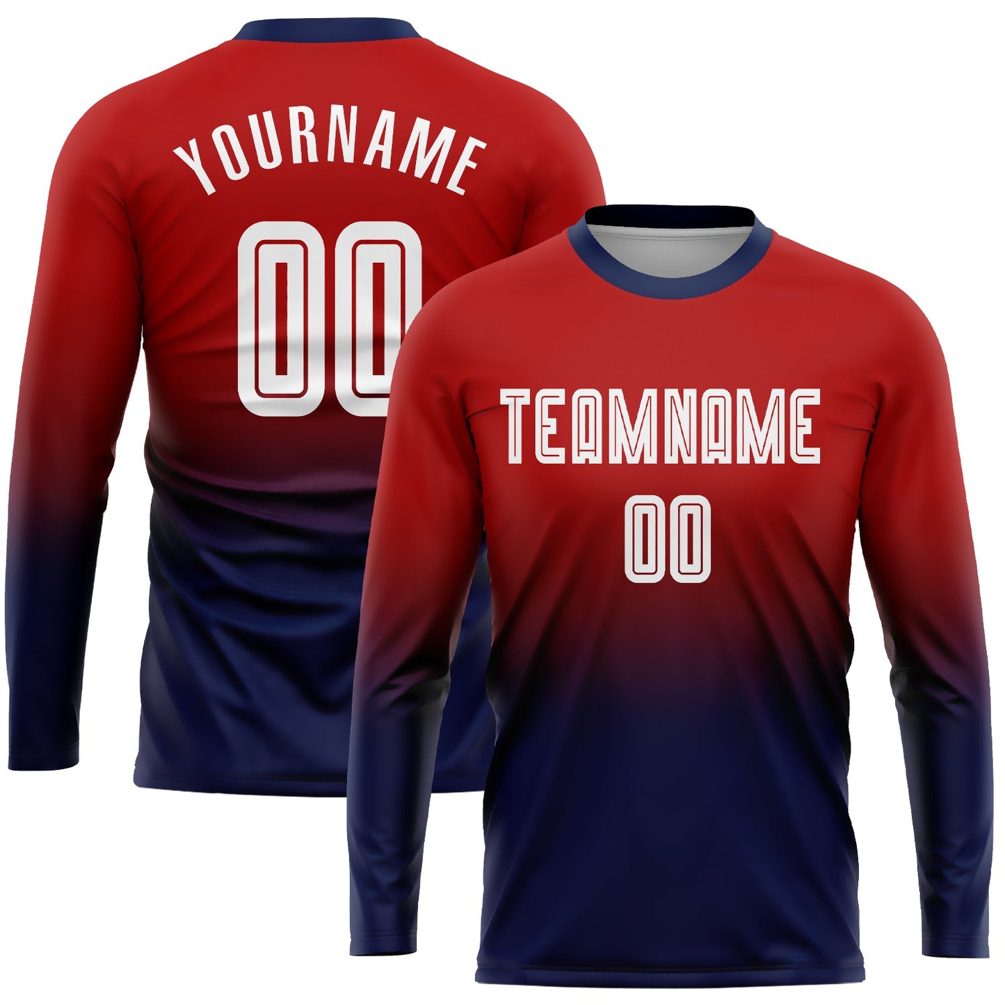 Camiseta de fútbol personalizada de manga larga con degradado, sublimación en rojo, blanco y azul marino