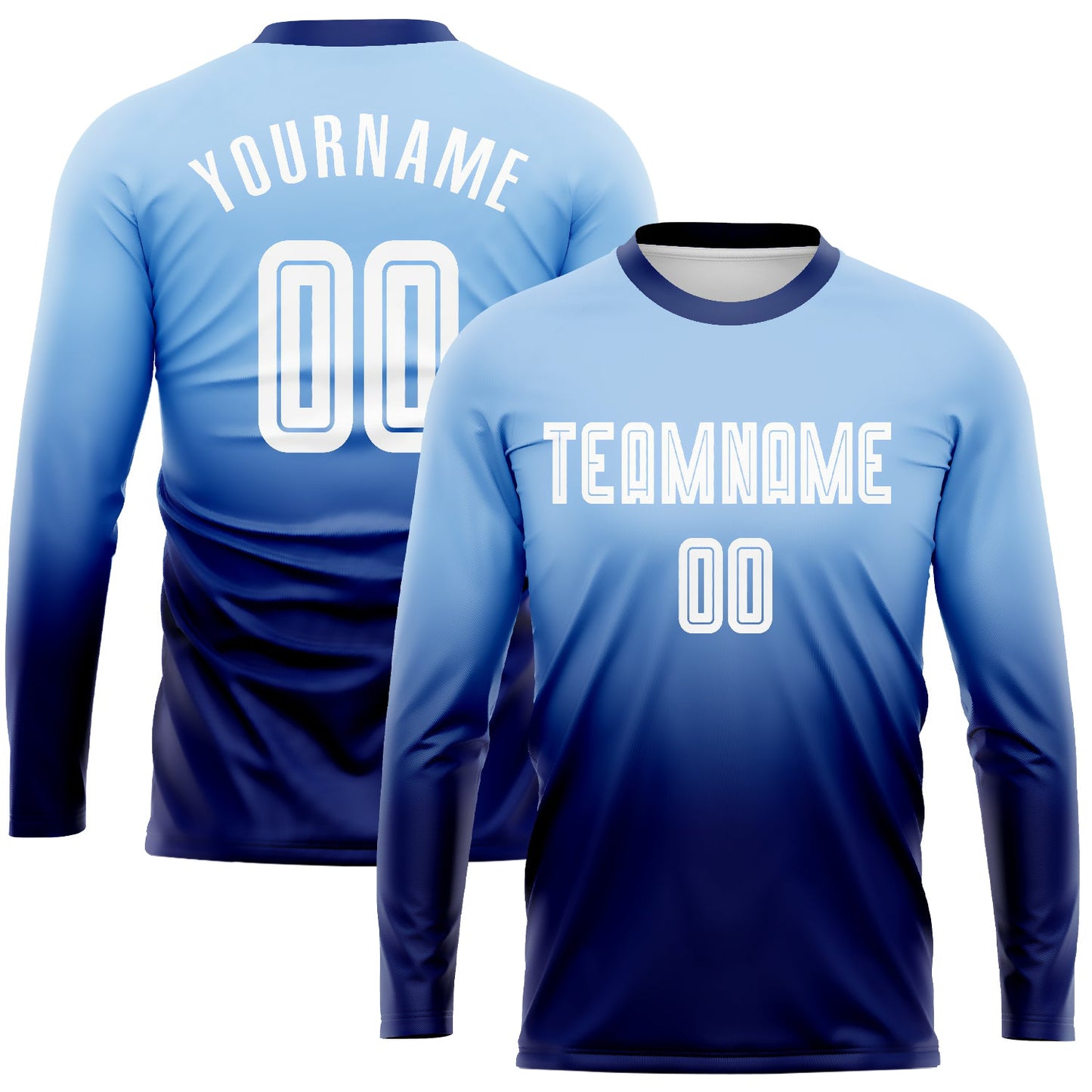 Camiseta de fútbol personalizada de manga larga con desvanecimiento por sublimación en azul claro, blanco y azul marino