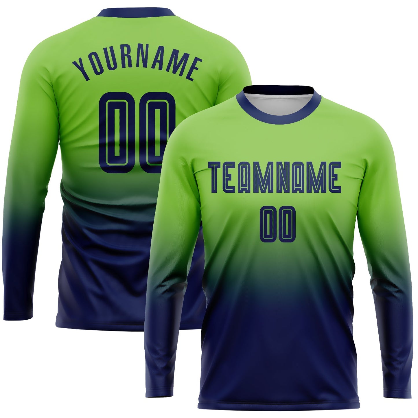 Camiseta de fútbol personalizada de manga larga con degradado, color verde neón y azul marino, sublimada