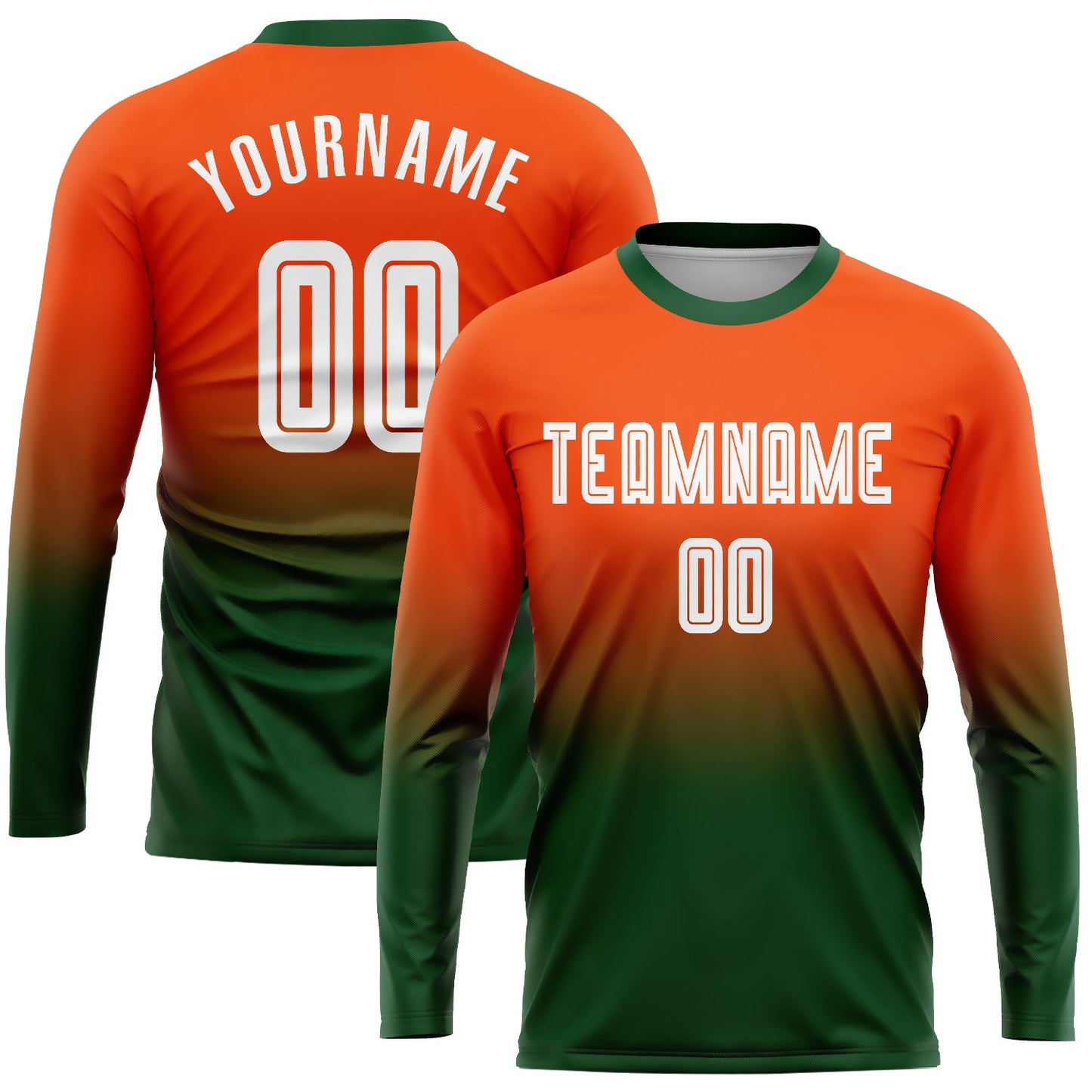 Camiseta de fútbol personalizada de manga larga con degradado, color naranja, blanco y verde, sublimada