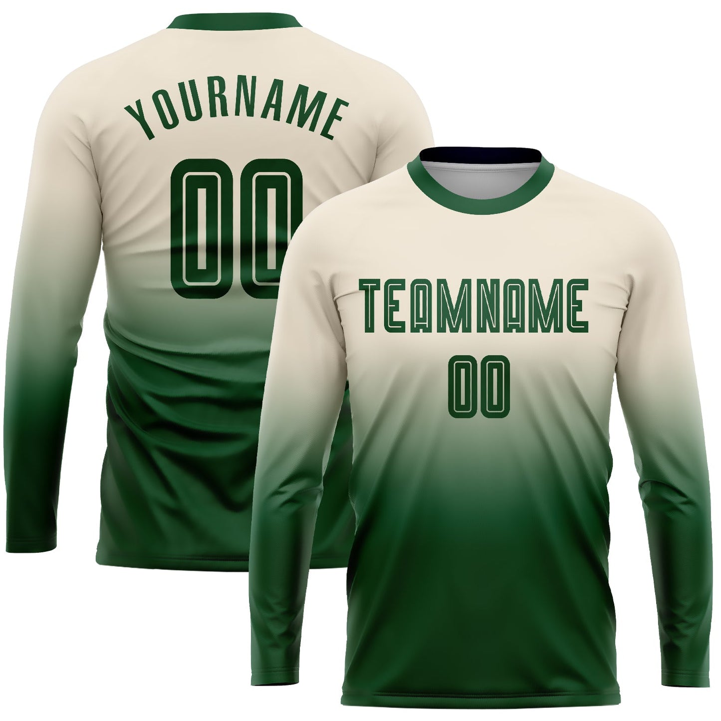 Camiseta de fútbol personalizada de manga larga con sublimación en color verde crema y degradado