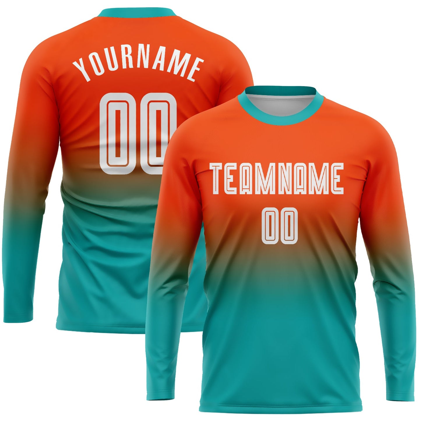 Camiseta de fútbol personalizada de manga larga con sublimación en naranja, blanco y aguamarina.